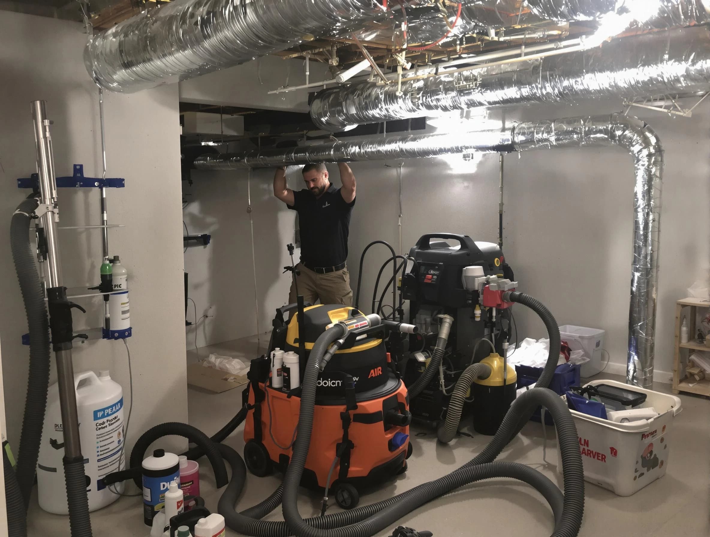 Trussville Air Duct Cleaning specialist performing professional mold removal from air ducts using safety equipment in Trussville