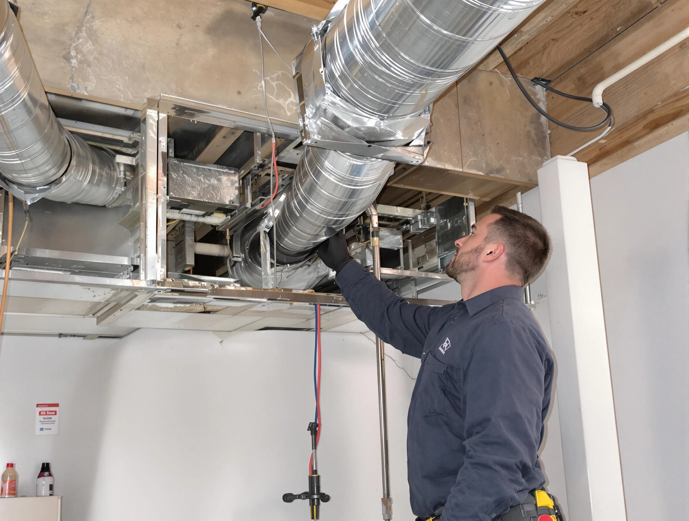 Trussville Air Duct Cleaning technician performing professional air duct repair using specialized tools in Trussville